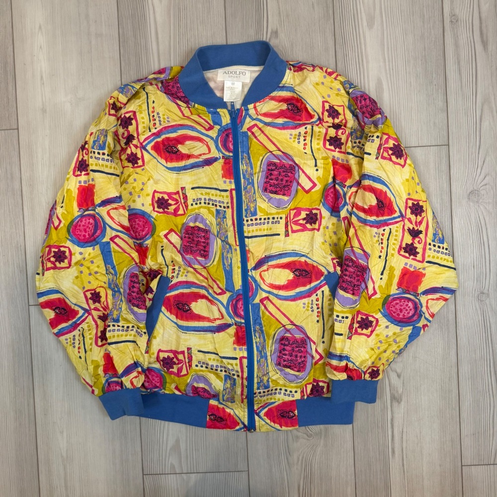 Adolfo Sport Vintage Windbreaker Jacket Yellow Blue Abstract Print Womens Medium